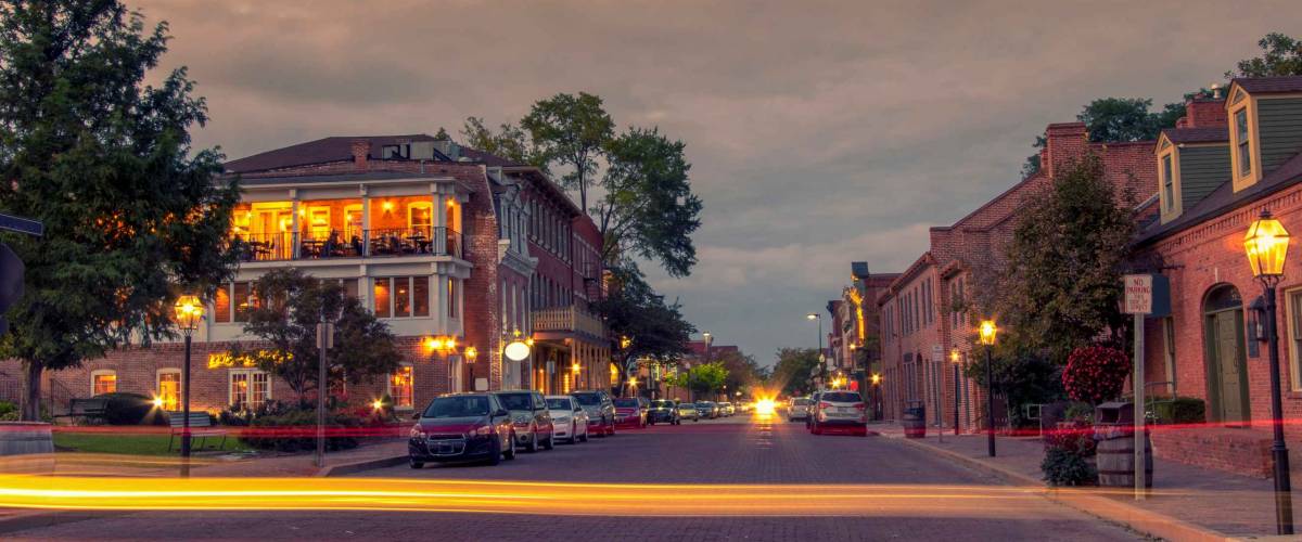 long exposure light trail in main street  of Saint Charles historic district, Missouri, USA