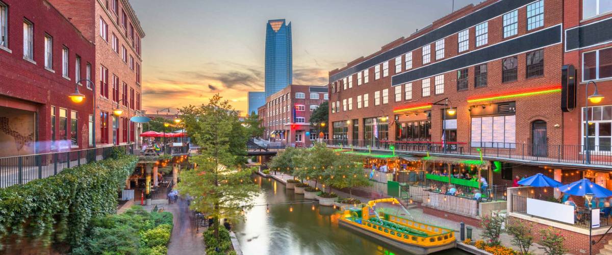 Oklahoma City, Oklahoma, USA cityscape in Bricktown at dusk.