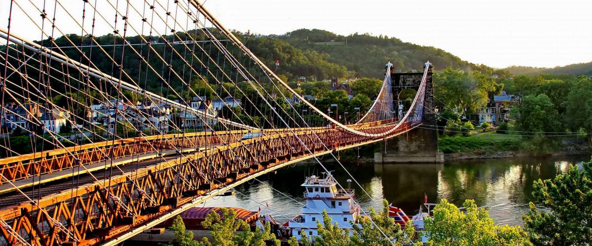 Close Encounter, Barge going under the Famous Suspension Bridge at Wheeling, West Virginia